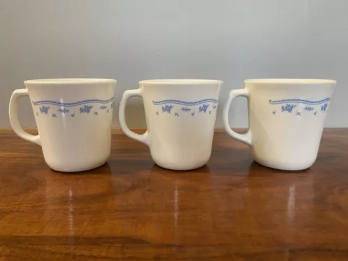 Lot of 3 Corning Ware Corelle Morning Blue Tea Coffee Cups Mugs 8 oz Vintage USA