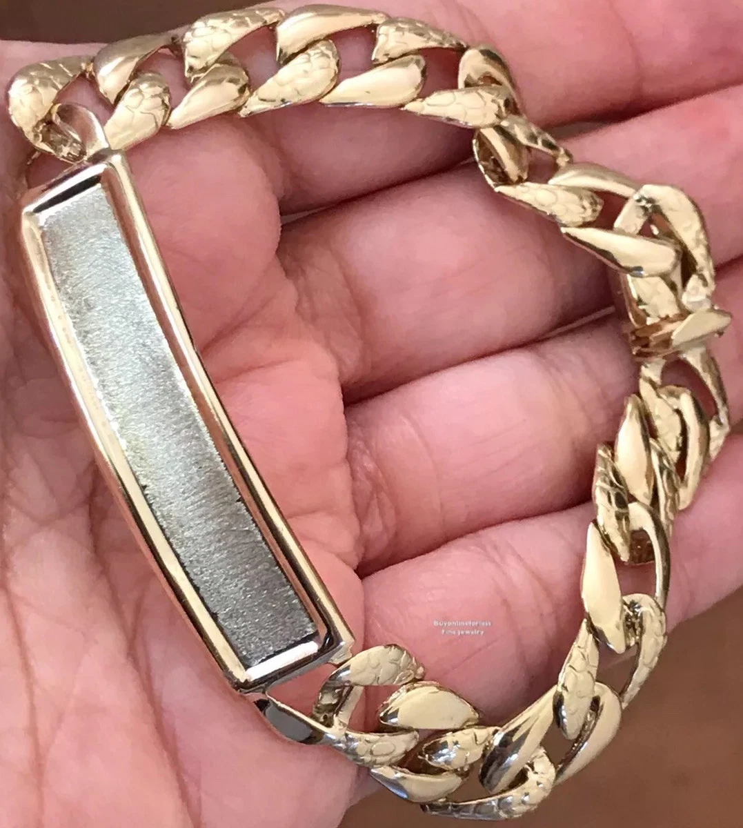 GoLD mens id bracelet nugget 14k hollow Cuban link 8.5
