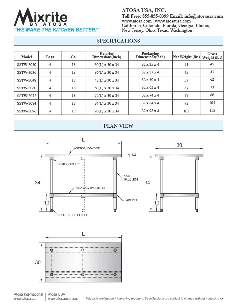 Atosa SSTW-3048 — 30″ x 48″ STAINLESS STEEL Worktable