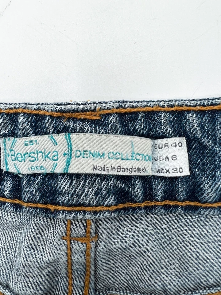 Pantalones Cortos Bershka Mujer 8 Azul Denim Lavado Medio Caliente Pantalones Tiro Medio 2" Entrepierna Foto 4 de 4