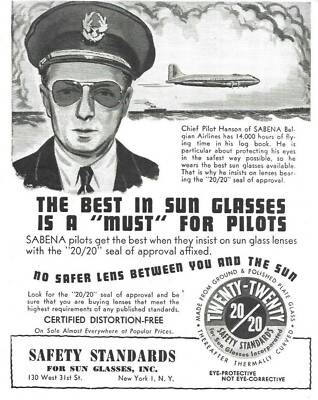 1940s SABENA Pilot Aviation Sunglasses Ad 20/20 Safety Standards NYC Eyewear