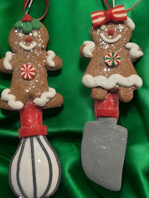 Shabby Chic Frosted Gingerbread Spoon & Whisk Christmas Ornaments 2 pc Decor