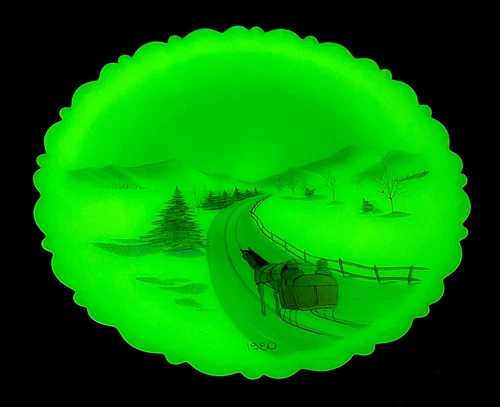 Fenton Art Glass " Going Home " On Custard Satin Plate 1980 GLOWS