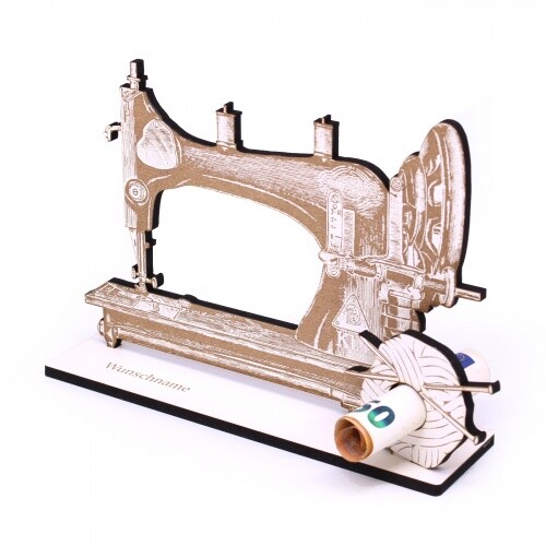 Geldgeschenk Vintage Nähmaschine mit Wollknäuel - inkl. Wunschname - Schild für 