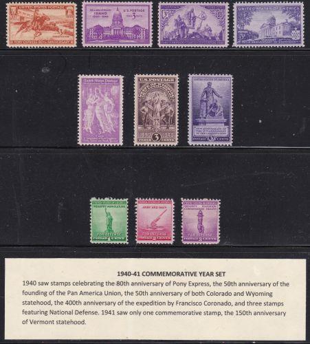 U S 1940-41 Commemorative Anno Set (10 Francobolli) Mint Mai Incernierato - Foto 1 di 1