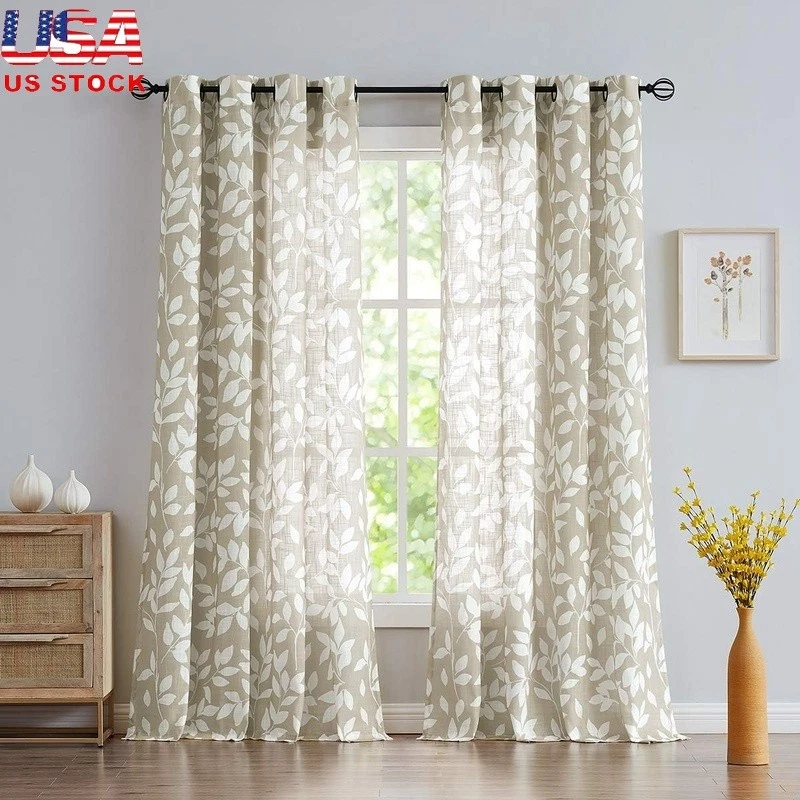 Semi-Sheer Leaf Print Curtains Grommet Top Window Drapes Living Dining Bedroom