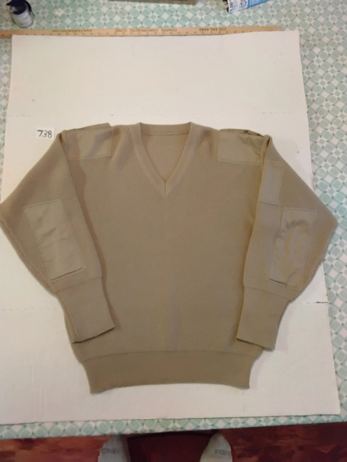 Tan Military Style Knit Sweater 100% Wool Elbow Patches Men's Large Gorpcore