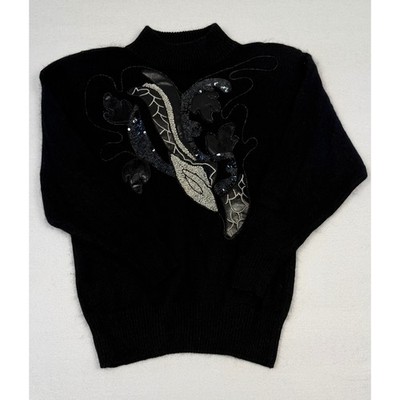 I.B. Diffusion Vintage Silk Angora Sweater Black Applique Sequin Mock Neck L