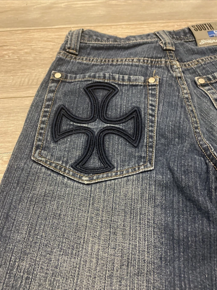 Southpole мальчиков молодежный размер 8 джинсовой ткани синие джинсы подлинный Y2K Skater 90-х логотип винтажный - Изображение 2 из 4