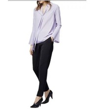 HALSTON HERITAGE Black Straight Leg Pants 6 Ankle Snap Detail Viscose Wool Silk