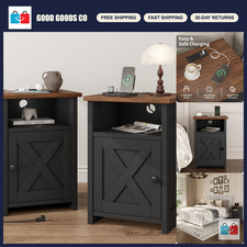 Rustic Farmhouse End Table Set of 2 with Charging Station Storage Shelf - Blac