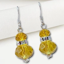 Amber Yellow Crystal Earrings Silver Plated Hooks Handmade