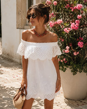 NY&Co Womens White Eyelet Off The Shoulders Mini Dress Size Small Pockets New