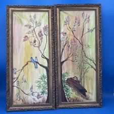 Vintage 1981 Pair Signed LEE Texas Chinoiserie Bird Bamboo Paintings Framed