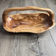 Large Hand Carved Burl Wood Bowl Basket w/ Handle Rustic Decorative Centerpiece