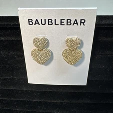NEW Baublebar Statement  Dangle Double Heart Gold Tone Crystal Earrings
