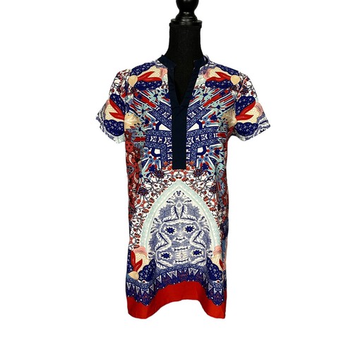 Alberto Makali Red White Blue Shift Dress LARGE Geometric Print Designer Silky