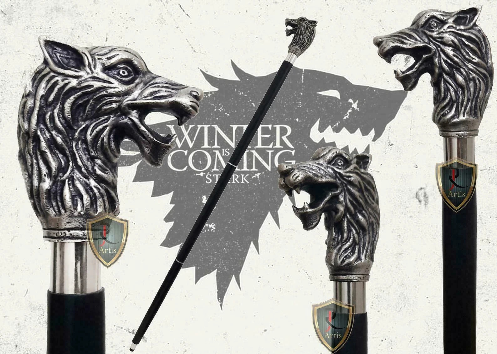 36'' Nautical Solid Dragon Wolf Head Handle Woode… - image 1