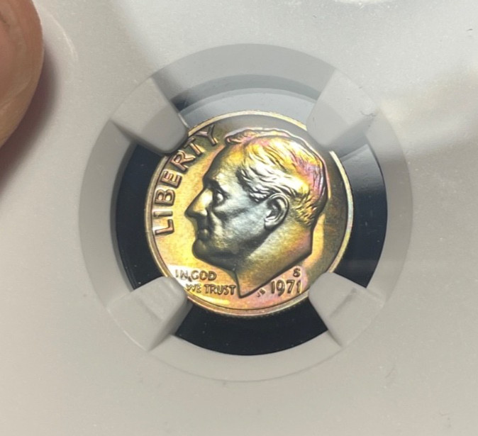 (#101719) Roosevelt Dime:  1971 S  NGC PF 67  Rainbow toning!      (see video!)