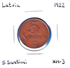 1922 Latvia 5 Santimi  [w/o mint name] (KM-3) Bronze [Huguenin Mint]