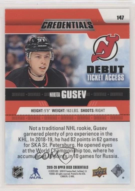 2019 Upper Deck Credentials Debut Ticket Access Red /99 Nikita Gusev Rookie RC - Image 2 of 2