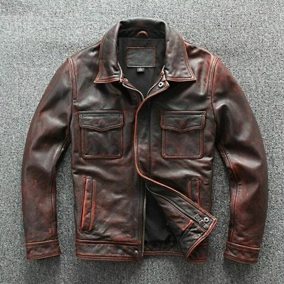 Men s Motorcycle Biker Vintage Distressed Brown Café Racer Real Leather Jacket
