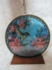 Stain Glass Sun Catcher Hummingbird Hibiscus Flowers 4.5" Round W/ Stand or Hang
