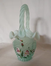 Fenton Green Satin Opalescent Spiral Optic Hand Painted Basket