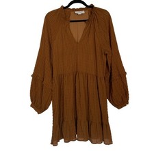 Mare Mare x Anthropologie Anne Gold Brown Balloon Sleeve Tier Ruffle Dress M
