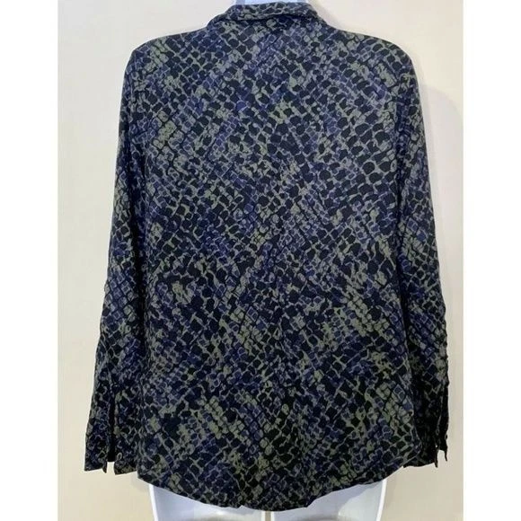 Espléndida Blusa Top Popover Cuello en V S Estampado Piel de Serpiente Rayón Manga Larga Azul Griega Foto 2 de 4