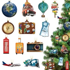48 Pieces Christmas Travel Ornaments Tree Luggage Wood World Map Airplane Sui...