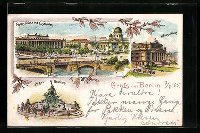 Lithographie Berlin, Schloßbrücke mit Lustgarten, Schauspielhaus, Begas-Brunnen 