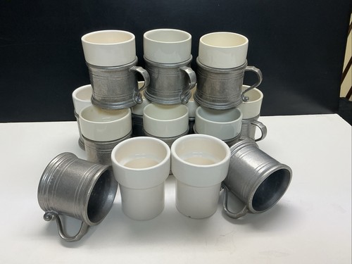 12 Vintage Wilton Armetale Plough Tavern Pewter Mugs with Ceramic Inserts USA - Picture 5 of 8