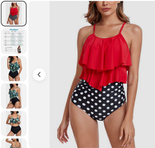 FLYILY 2 Piece Swimsuit Swim Set Short Layered Tankini & High Waist Brief Bikini