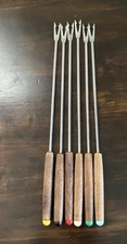 Vintage Set Of 6 Fondue Forks Oster Stainless Steel Teak Wood MCM Colored Tips