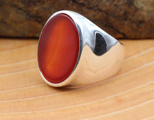 Men  s 925 Sterling Silver Ring  Natural Yemeni Red Carnelian Aqeeq Stone  Hand