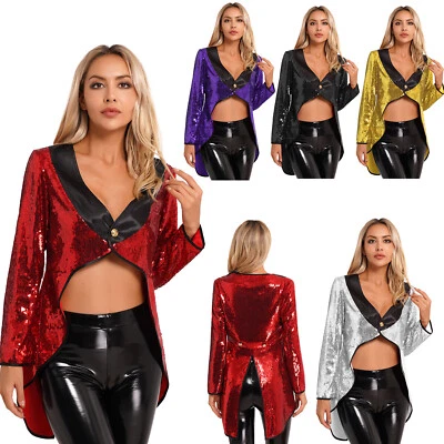 IINIIM DE Damen Pailletten Zauberer Frack Jacke Langarm Blazer Mantel Zirkus Kostüme