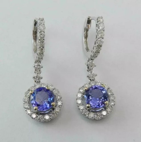 14K White Gold Plated 2Ct Round Lab-Created Blue Tanzanite Diamond Drop Earrings - 第 1/5 張圖片