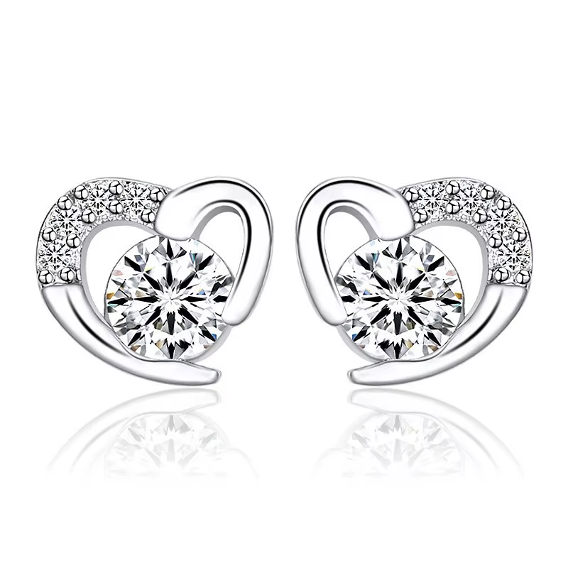 Sterling Silver Heart Stud Earrings with CZ Stones for Christmas or Birthday Gifts-image