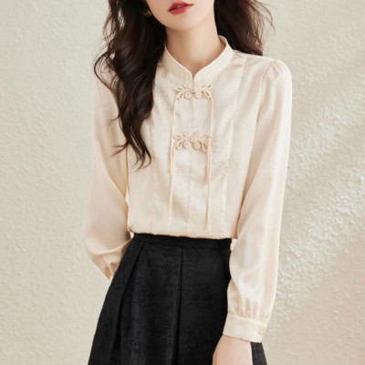 Women Silky Shirt Long Puff Sleeve Satin Retro Tang Suit Blouse Top Casual Loose