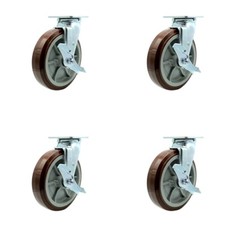 8 Inch SS Polyurethane Swivel Caster Set with Delrin Bearings and Brakes SCC