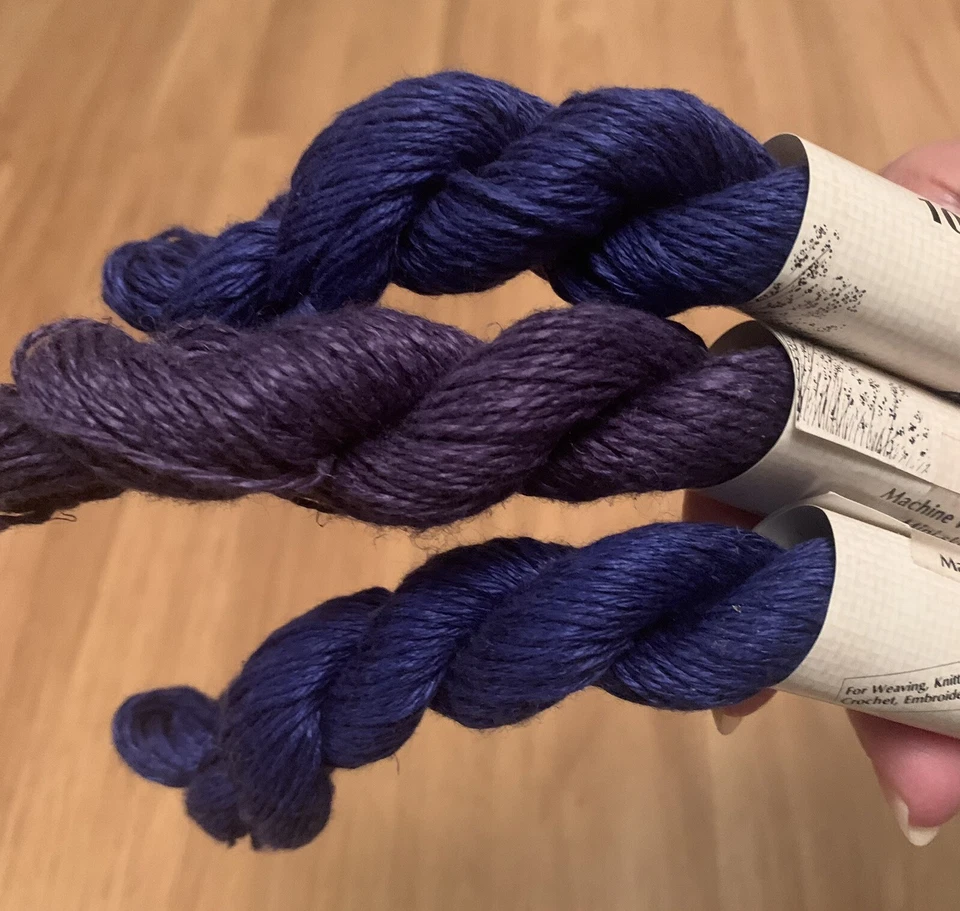 批量 3 件 Euroflax 100% 亚麻 2 蓝色 1 紫色湿纺 14/4 8/2 纱线 75 码 每件全新带标签 — 第 3/4 张图片