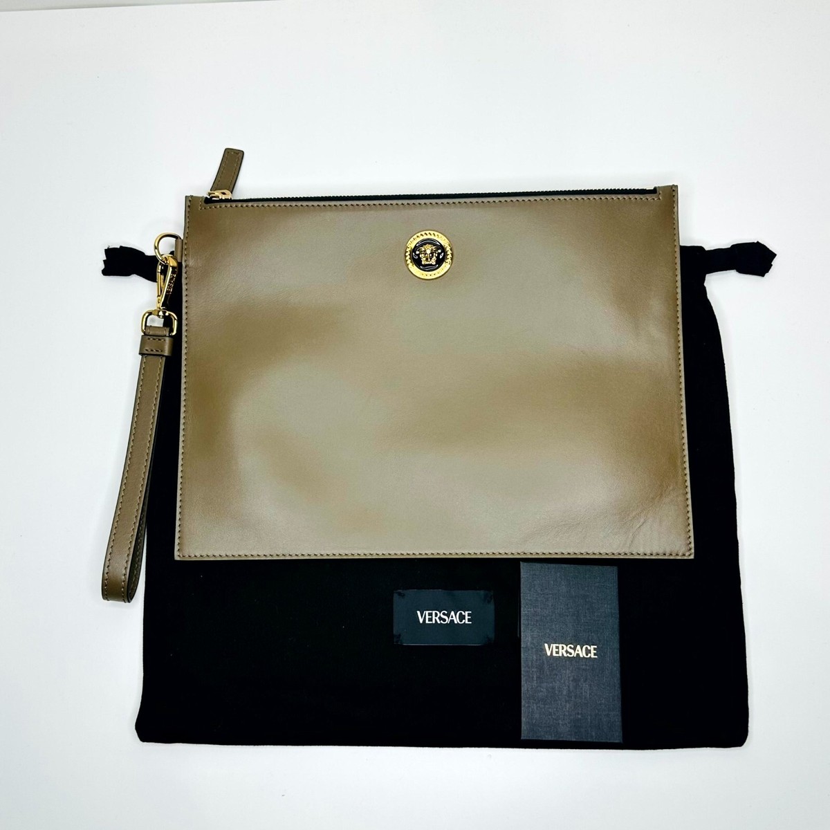 Versace★素敵!Medusa Head Leather Wristlet Clutch Bag Versace Medusa Head Handbag Khaki Leather Zipper Wristlet