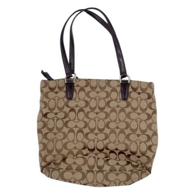 Coach F28504 Brown Tan Signature Stripe Shoulder Tote Bag Purse