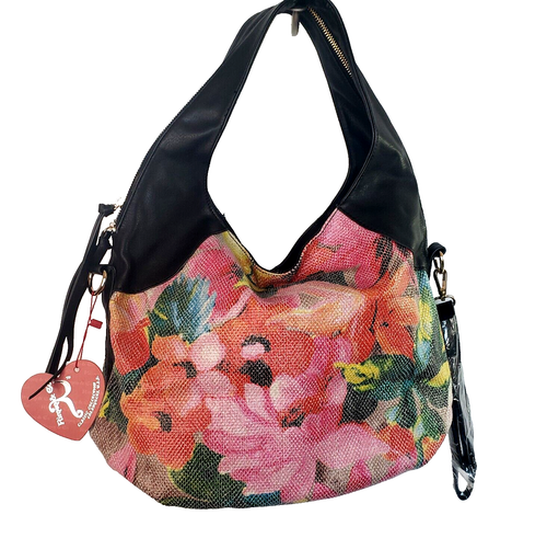 Floral Hobo Shoulder Bag Purse - Black Multicolor Faux Leather Satchel Tote NWT - Picture 1 of 22