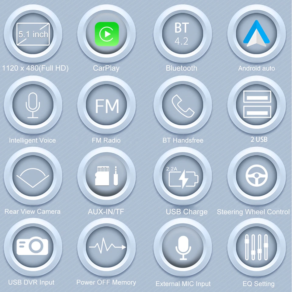 Radio estéreo para automóvil Apple/Android CarPlay inalámbrica de 1 din con pantalla táctil de 5,1" Foto 3 de 4