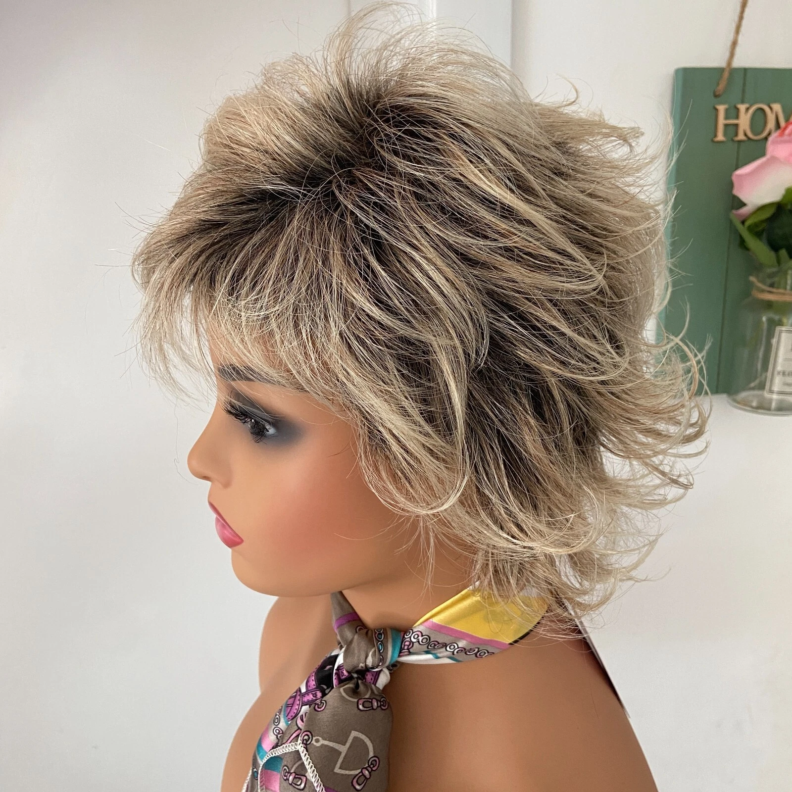 Rooted Spun Blonde Mix Short Layered Wavy Synthetic Hair Wig Women Soft Daily