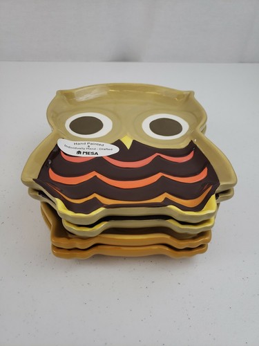 MCM 4 Hand Painted Mesa OWL Plates Mid Century 2 Designs Tan Brown Orange Yellow - Picture 8 of 8