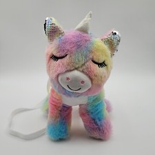 Sleeping Unicorn Purse Plush Pastel Rainbow Stuffed Animal Toy Sequin Flip 11"