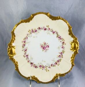 Antique B&H Limoges France Porcelain Decorative Plate Gold Trim Pink Roses